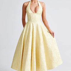 Genevieve™ | V-Neck Halterneck Sleeveless Jacquard Maxi Dress
