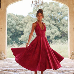 Genevieve™ | V-Neck Halterneck Sleeveless Jacquard Maxi Dress