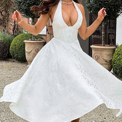 Genevieve™ | V-Neck Halterneck Sleeveless Jacquard Maxi Dress