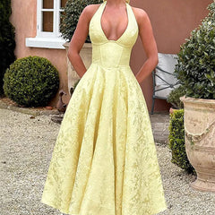 Genevieve™ | V-Neck Halterneck Sleeveless Jacquard Maxi Dress