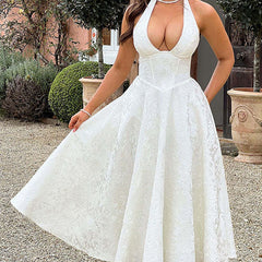 Genevieve™ | V-Neck Halterneck Sleeveless Jacquard Maxi Dress