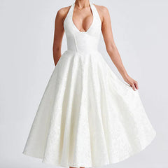 Genevieve™ | V-Neck Halterneck Sleeveless Jacquard Maxi Dress