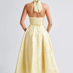 Genevieve™ | V-Neck Halterneck Sleeveless Jacquard Maxi Dress