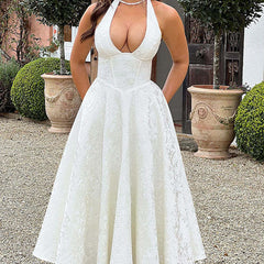 Genevieve™ | V-Neck Halterneck Sleeveless Jacquard Maxi Dress