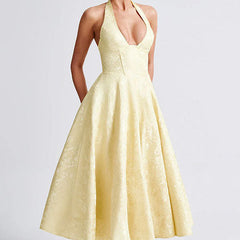 Genevieve™ | V-Neck Halterneck Sleeveless Jacquard Maxi Dress