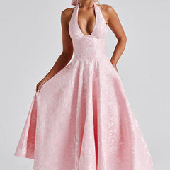 Genevieve™ | V-Neck Halterneck Sleeveless Jacquard Maxi Dress