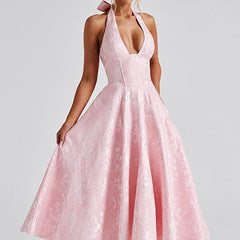 Genevieve™ | V-Neck Halterneck Sleeveless Jacquard Maxi Dress