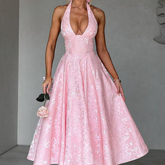 Genevieve™ | V-Neck Halterneck Sleeveless Jacquard Maxi Dress