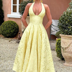 Genevieve™ | V-Neck Halterneck Sleeveless Jacquard Maxi Dress
