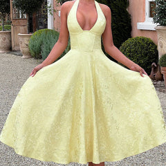 Genevieve™ | V-Neck Halterneck Sleeveless Jacquard Maxi Dress