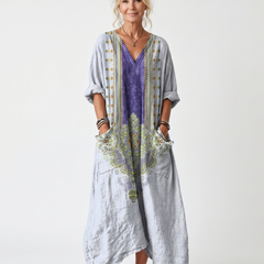 Raina | Contrast Panel Embroidered Oversized Pocket Midi Dress