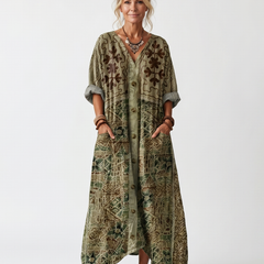 Aleta | Button Front Embroidered Oversized Pocket Midi Dress