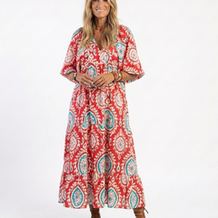 Zaria | Paisley Print V Neck Short Sleeve Midi Dress