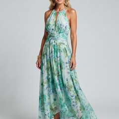 Portia™ Pleated Halter Soft Floral Pattern Midi Dress