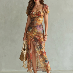 Ciel™ Ruffled Sleeve Ruched Slit Midi Dress