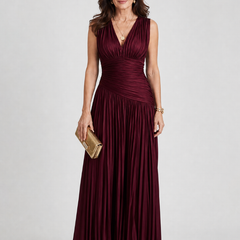 Lemar™ Sleeveless Pleated V Neck Midi Dress