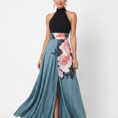 Olympas™ Halter Bodice Floral Skirt Maxi Dress