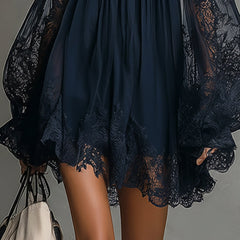 Noemi | Mini dress in navy blue chiffon with off-the-shoulder neckline, lace trim, and sheer sleeves