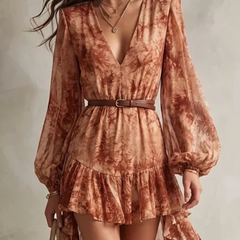 Terracotta Floral Print V Neck Long Sleeve High Low Mini Dress