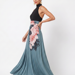 Olympas™ Halter Bodice Floral Skirt Maxi Dress