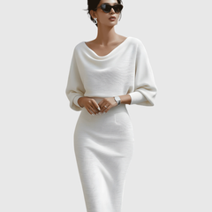Ismeria | White Draped Batwing Midi Dress