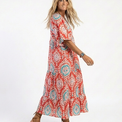 Zaria | Paisley Print V Neck Short Sleeve Midi Dress