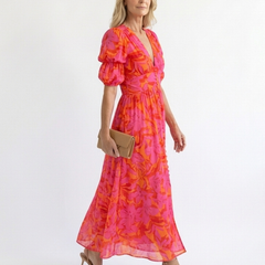 Willow | Floral V Neck Puff Sleeve Midi Dress