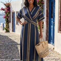 Saphira | V Neck Short Sleeve Striped Wrap Midi Dress
