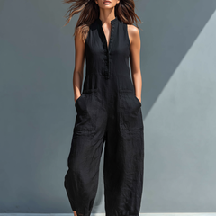 Sleeveless Jumpsuit for Women with High Collar and Buttons