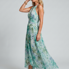 Portia™ Pleated Halter Soft Floral Pattern Midi Dress