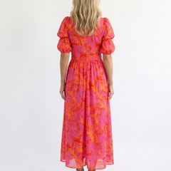 Willow | Floral V Neck Puff Sleeve Midi Dress