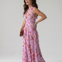 Nori™ Halter Neck Ruched Bodice Floral Maxi Dress
