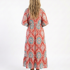 Zaria | Paisley Print V Neck Short Sleeve Midi Dress
