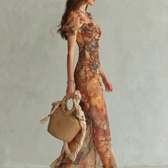 Ciel™ Ruffled Sleeve Ruched Slit Midi Dress