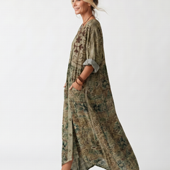 Aleta | Button Front Embroidered Oversized Pocket Midi Dress