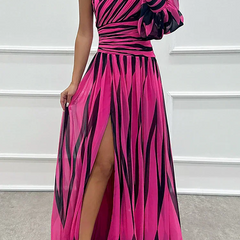 Bonnie™ | Elegant Striped One Shoulder Maxi Dress