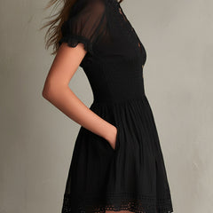 Classic Muse Smocked Lace-Trim Black  Mini Dress