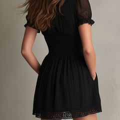 Classic Muse Smocked Lace-Trim Black  Mini Dress