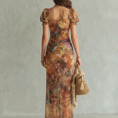 Ciel™ Ruffled Sleeve Ruched Slit Midi Dress