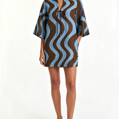 Brown Color Block V Neck Loose Mini Dress