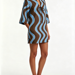 Brown Color Block V Neck Loose Mini Dress