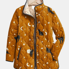Eira | Casual Black Cat Halloween Print Quilted Jacket