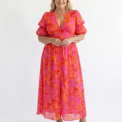 Willow | Floral V Neck Puff Sleeve Midi Dress