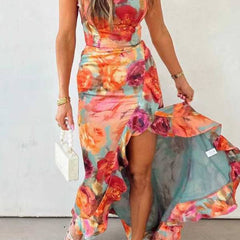 Fae  | Floral Backless Satin Maxi Dress