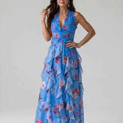 Nori™ Halter Neck Ruched Bodice Floral Maxi Dress
