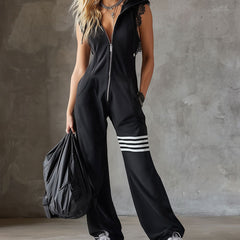 Giada - Retro Sports Jumpsuit with Hood and Stripes