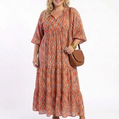 Amara | Geometric Print V Neck Tiered Midi Dress