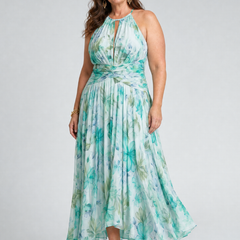 Portia™ Pleated Halter Soft Floral Pattern Midi Dress