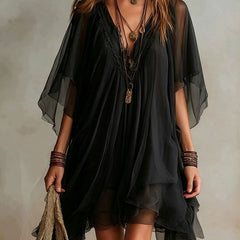 Green V-neck Layered Flowy Mini Dress