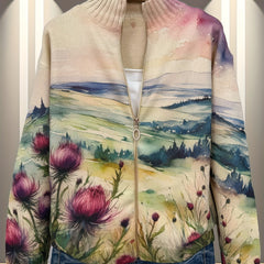 Zelda™ | Scottish Thistle Landscape Zip Cardigan